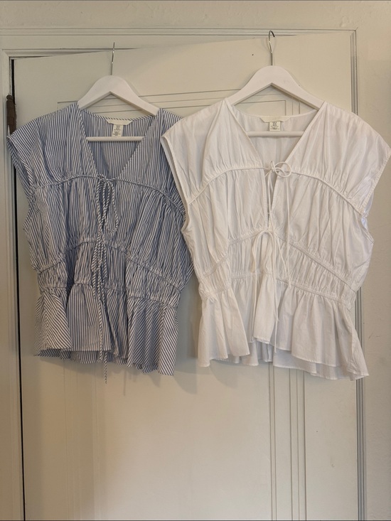 H&M Tops - H&M White Peplum Tie-Front Blouse with Blue-Striped Variant